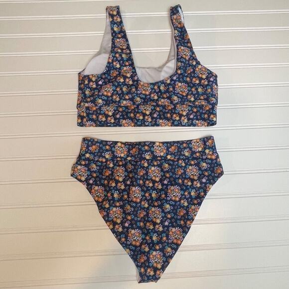 Womens 2 Piece Swimsuit Small Blue Ditsy Scoop Neck Floral Bikini High Cut Cheek - Picture 4 of 8